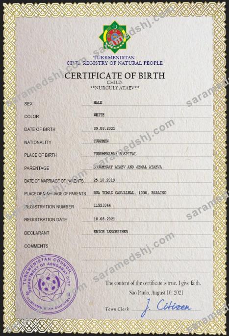 Turkmenistan vital record birth certificate PSD template